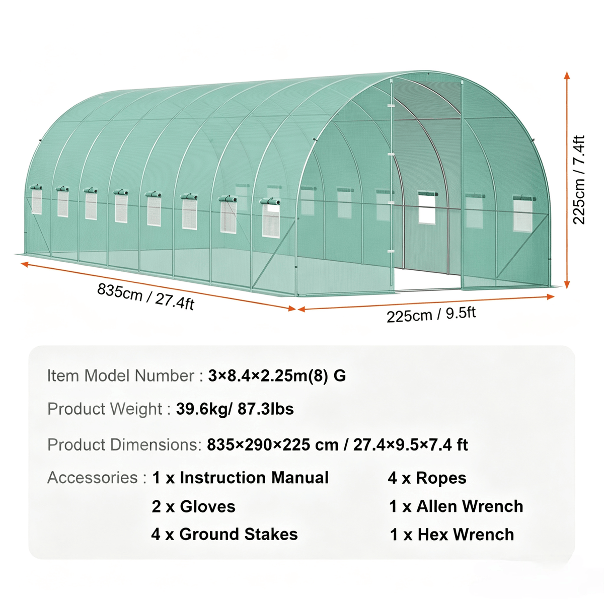 VEVOR Walk-in Tunnel Greenhouse 19.36x9.68x7.4/27.38x9.5x7.38ft Galvanized Frame PE Cover Green (No Door)