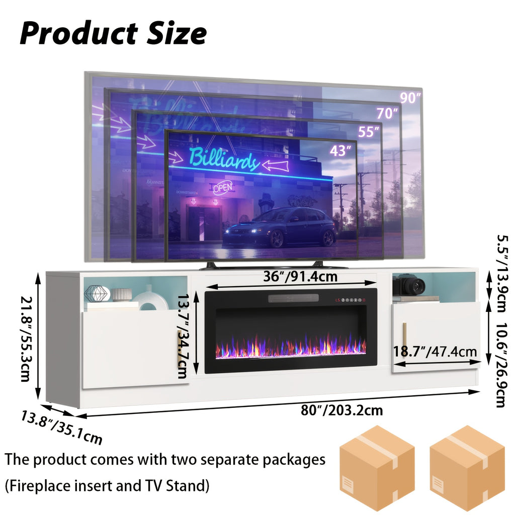 Fireplace TV Stand with 36" Fireplace, 80" TV Stand with LED Light for TVs Up to 85", Entertainment Center Console Table with Highlight Storage Cabinets