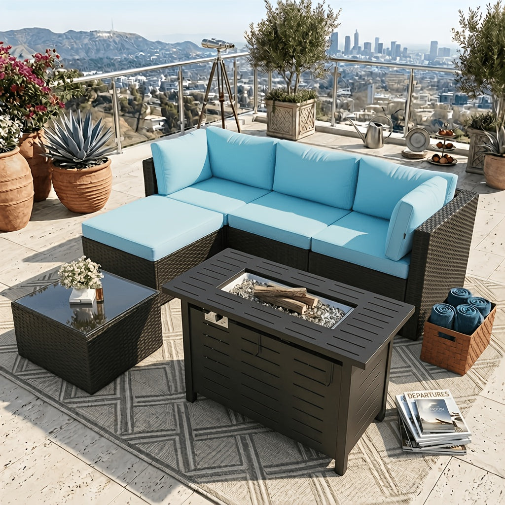 Discount! 5/6pcs L-Shaped Rattan Patio Sofa Set with Cushions, Glass Coffee Table & Ottoman, Perfect for Patio, Backyard, Garden, Balcony, Terrace, Poolside, Porch, Villa Outdoor Areas, Homestays, And Restaurant Outdoor Lounges