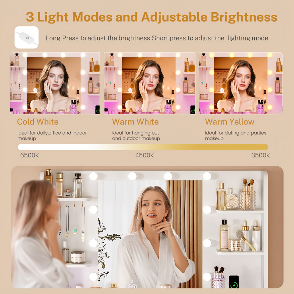 Makeup Vanity Table with LED Lighted Mirror, Power Outlet, 7 Drawers, 4 Shelves, 5 Jewelry Hooks