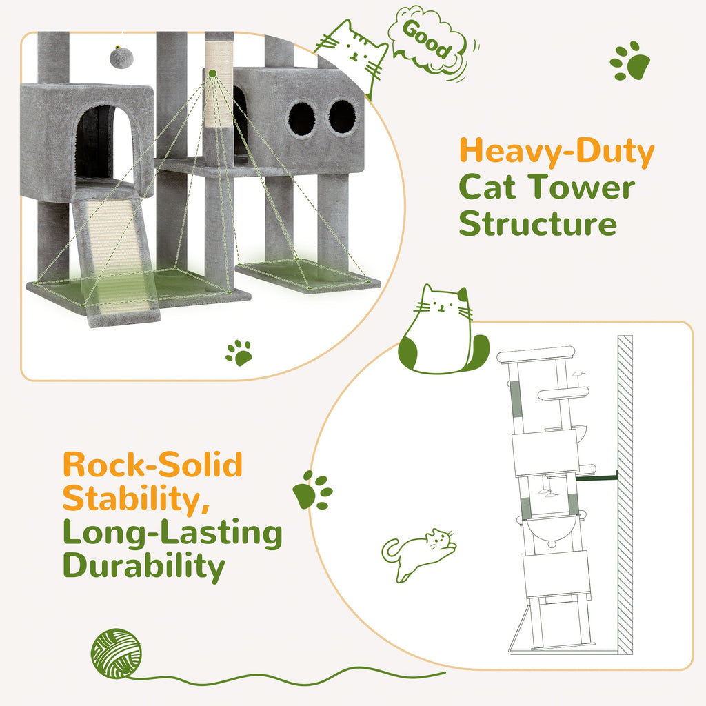 Globlazer 82-inch Cat Tower for Large Cats, Multi-Level Cat Tree for 4+ Indoor Cats with 3 Condos, 7 Sisal Scratching Posts, Scratching Board, 2 Hammocks & 3 Perches, S82D, Light Grey