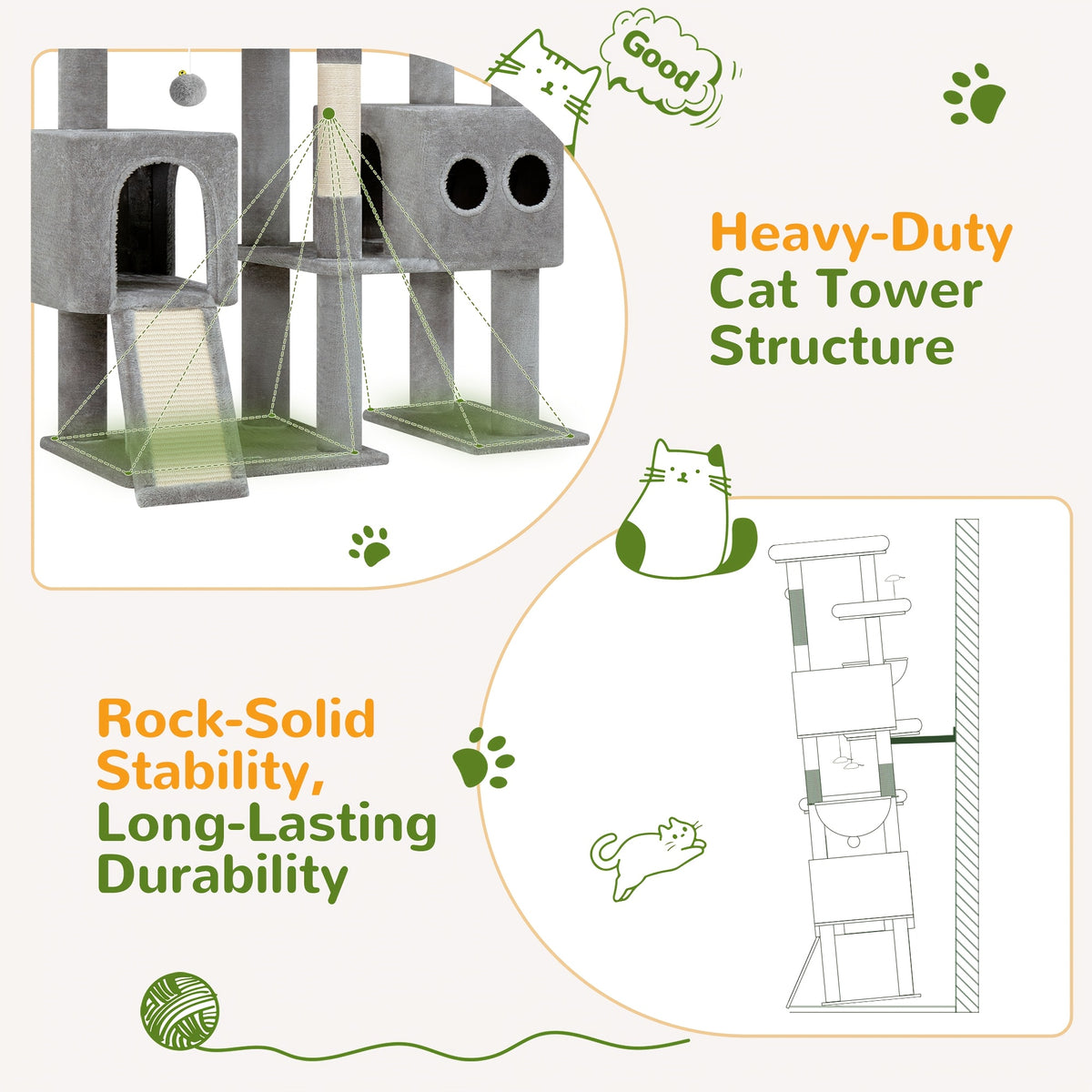 Globlazer 82-inch Cat Tower for Large Cats, Multi-Level Cat Tree for 4+ Indoor Cats with 3 Condos, 7 Sisal Scratching Posts, Scratching Board, 2 Hammocks & 3 Perches, S82D, Light Grey