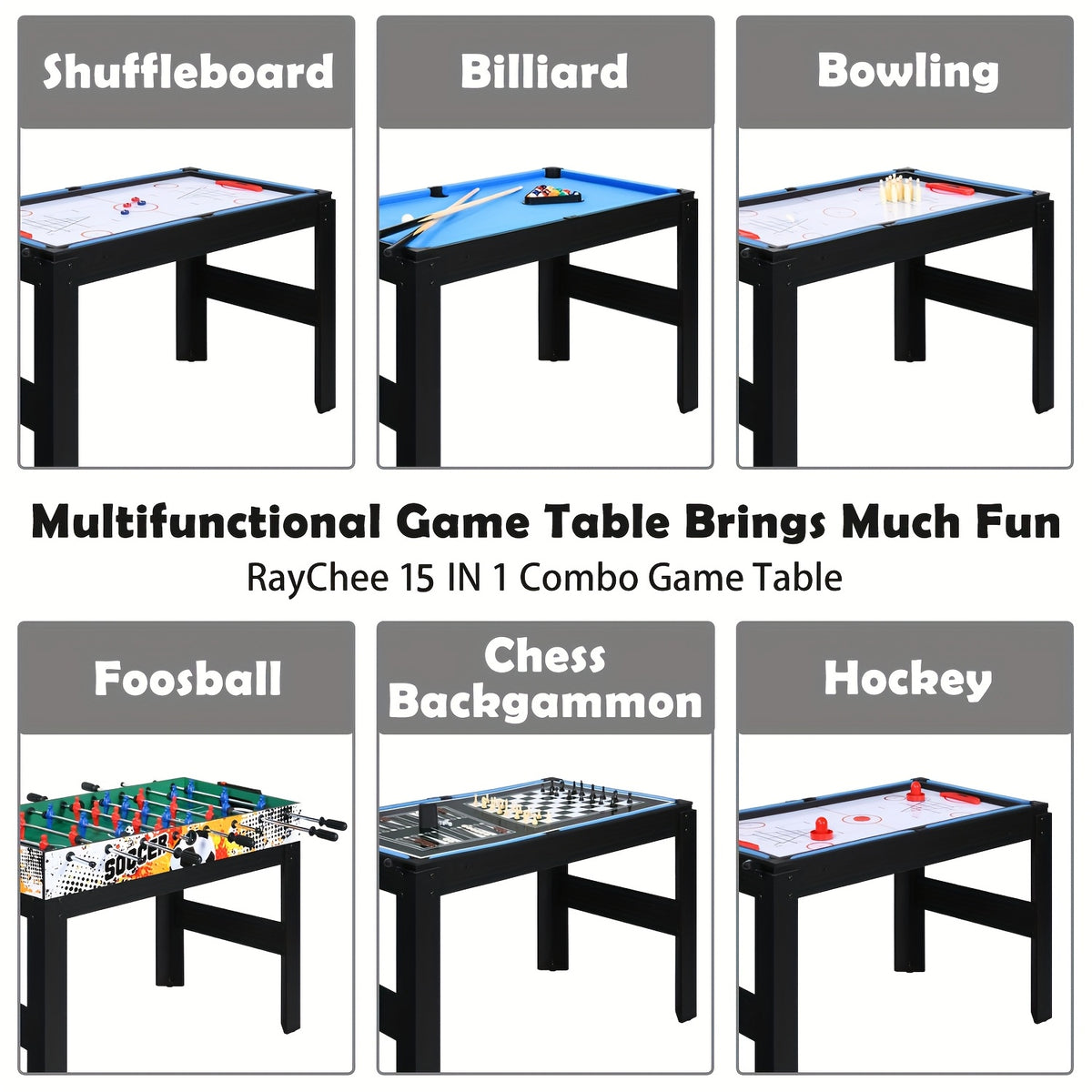 15-In-1 Combo Game Table Set for Home, Multifunctional Game Tables for Game Room, Indoor Game for Adults W/Foosball, Bowling, Basketball, Shuffleboard, Billiard, Hockey, Table Tennis, Chess, Backgammon, Checkers, Ring Toss