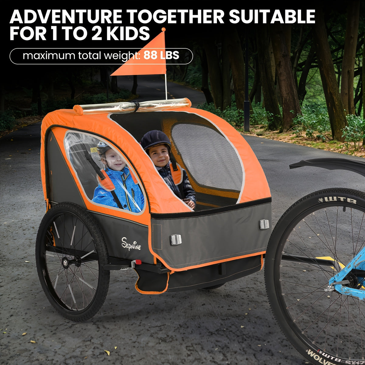MOJAY Bike Trailer for Kids, 2 In1 Canopy Carrier Converts to Stroller, Suitable for 1 to 2 Toddlers, Kids, Quick Attach to Bike, Foldable, with 5-Point Harness And Storage Bags