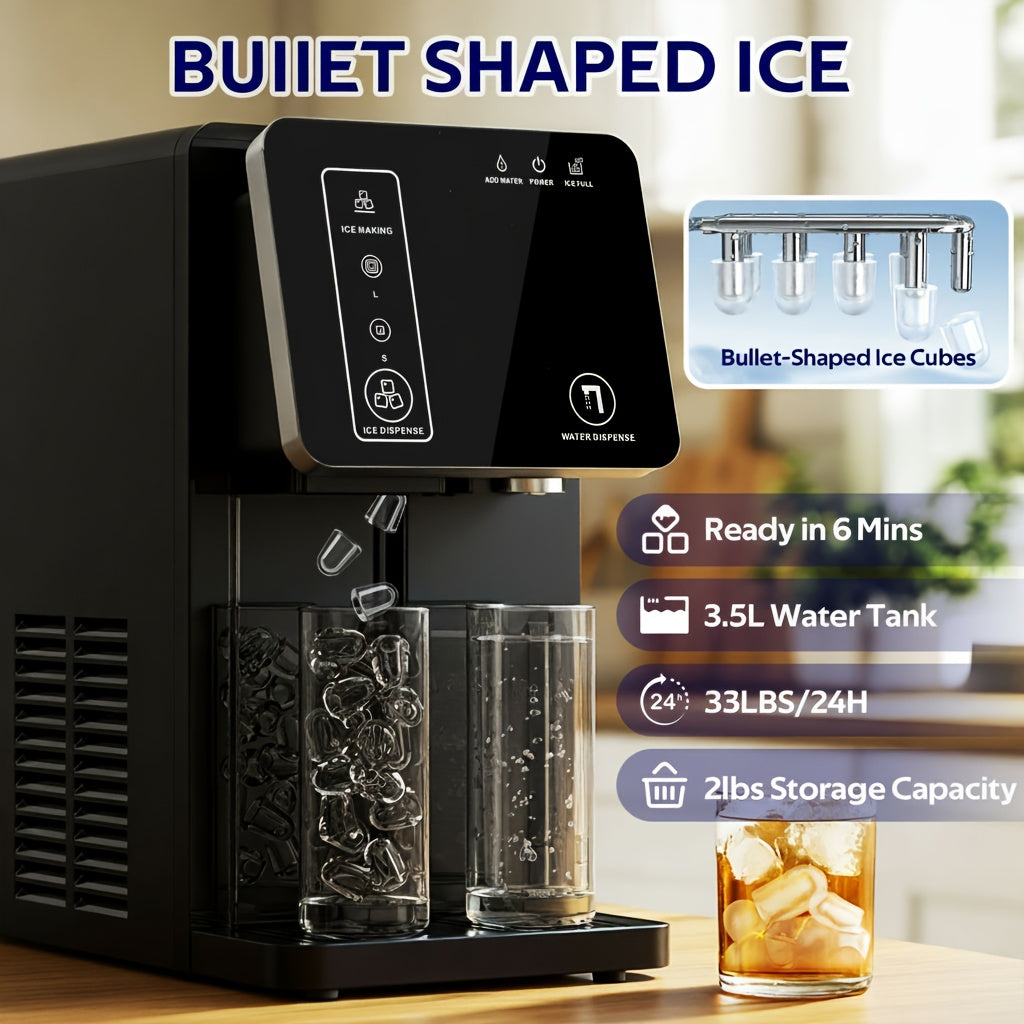 [Portable Ice Maker] Advwin 2-in-1 Ice Maker With Water Dispenser, Nugget & Bullet Ice Maker Countertop, 33 Lbs/24H, Ice Ready In 6 Minutes, 3.5L Water Tank, One-Touch Operation, Portable For Home Kitchen & Office