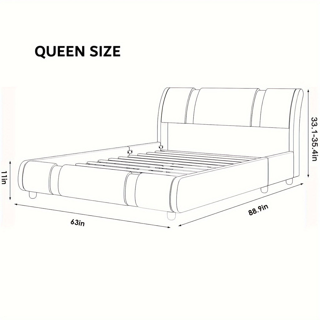 Contemporary Platform Bed Frame Made of Faux Leather, Featuring Iron Metal Accents, an Adjustable Headboard, And Wooden Slats for Support, Eliminating The Need for a Box Spring