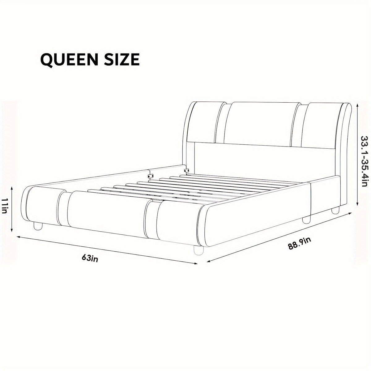 Contemporary Platform Bed Frame Made of Faux Leather, Featuring Iron Metal Accents, an Adjustable Headboard, And Wooden Slats for Support, Eliminating The Need for a Box Spring