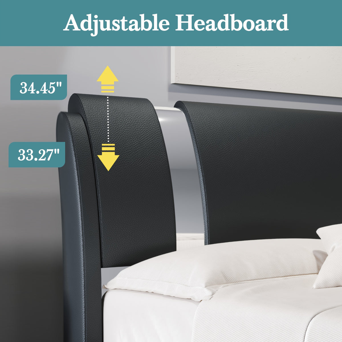 HOOMIC Contemporary Imitation Leather Bed Structure Featuring Metal Accents, Low-Set Platform Bed with Adjustable Headboard, Sturdy Wooden Slat Support, No Box Spring Required