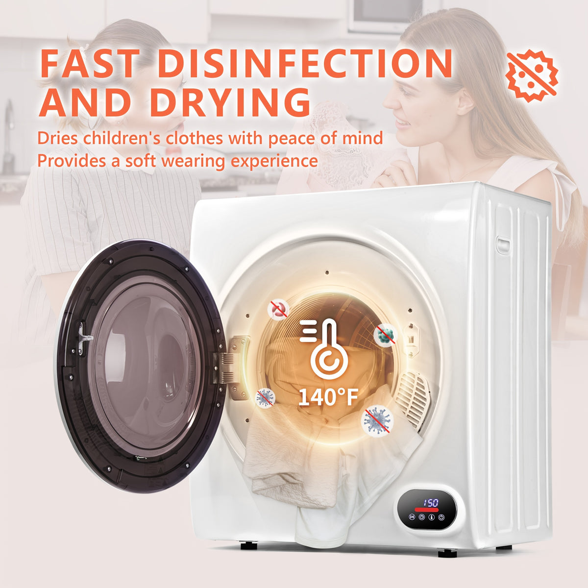 850W Compact Portable Clothes Dryer, 110V, 1.5/1.6/1.85/2.65Cu.ft Front Load with Stainless Steel Tub, Electric Laundry Drying Machine, Easy to Control, Perfect for Apartments, RVs, Dorms, In White.