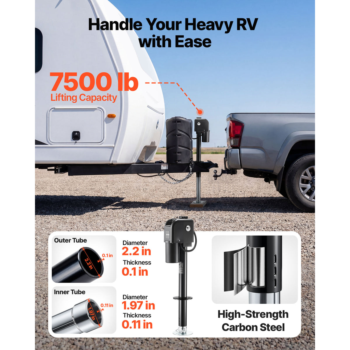 VEVOR Electric Trailer Jack, 7500 lbs Capacity, Electric Power Tongue Jack with Protective Cover & LED Light for Travel Trailer, Camper, RV, 9.84-27.84 in Lift, 12V DC with Wiring, Black
