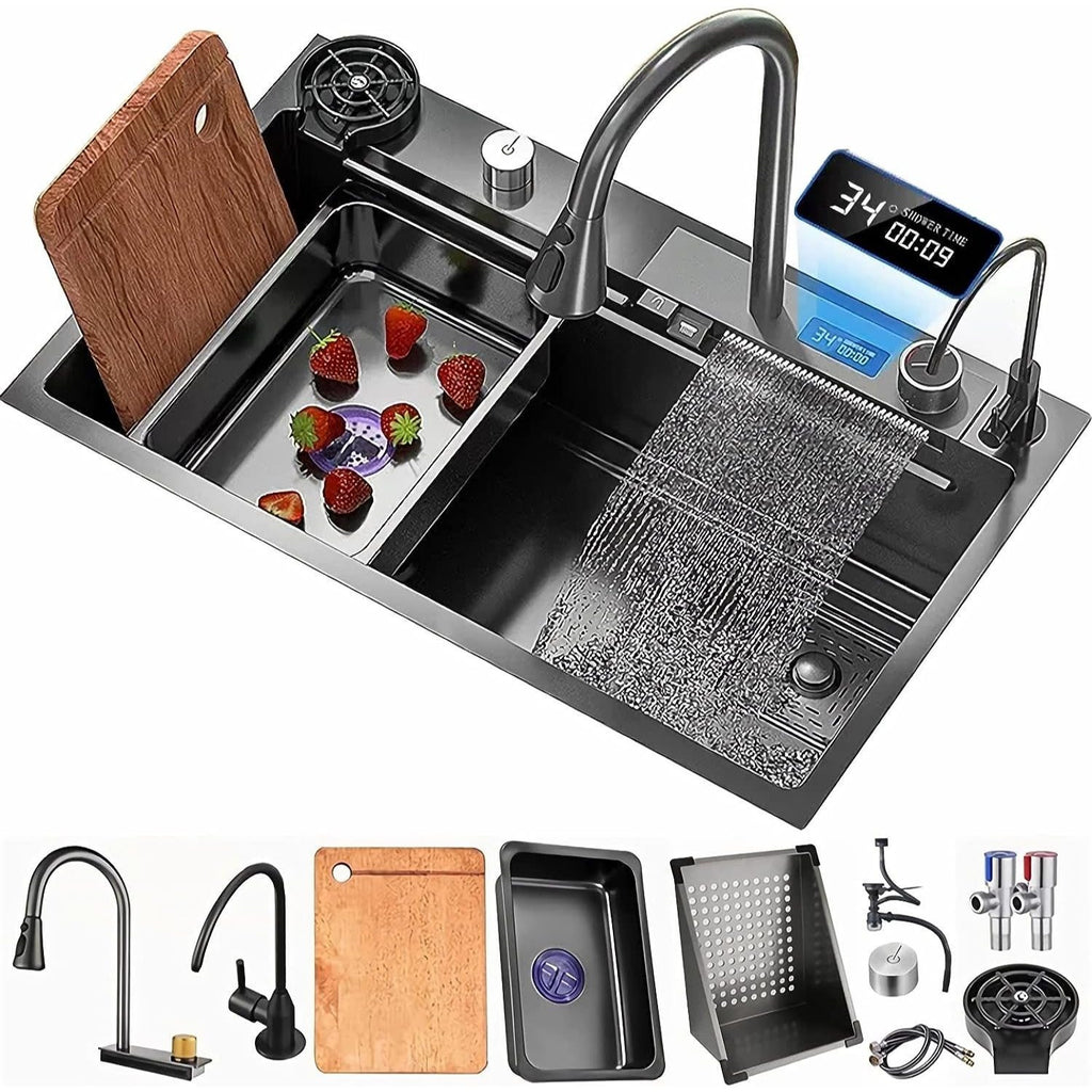 33x22 INCH Black Nano Drop In Kitchen Sink 304 Stainless Steel Waterfall Sink with Pull Down Spray head Faucet Single Bowl Drop In Kitchen Sink Workstation