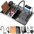 33x22 INCH Black Nano Drop In Kitchen Sink 304 Stainless Steel Waterfall Sink with Pull Down Spray head Faucet Single Bowl Drop In Kitchen Sink Workstation