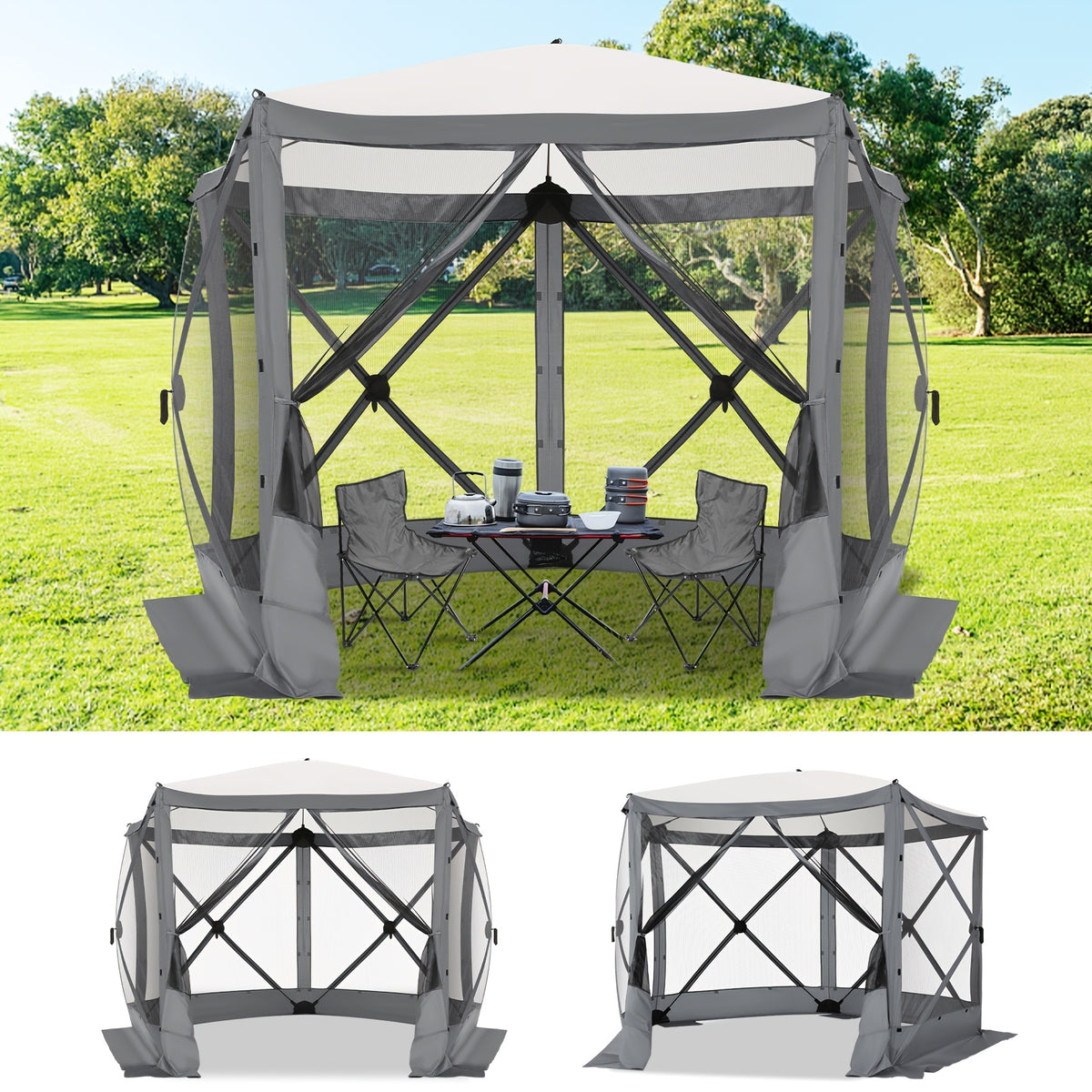 10X10Ft Pop-Up Canopy Tent with Mosquito Net, Garden Gazebo, Privacy Screen/Shade Curtain, Camping Tent, Instant Center Tent Canopy, Comes with Carrying Bag And Ground Stakes, Outdoor Garden Furniture, Suitable for Camping, Gardens, Lawns, And Patios