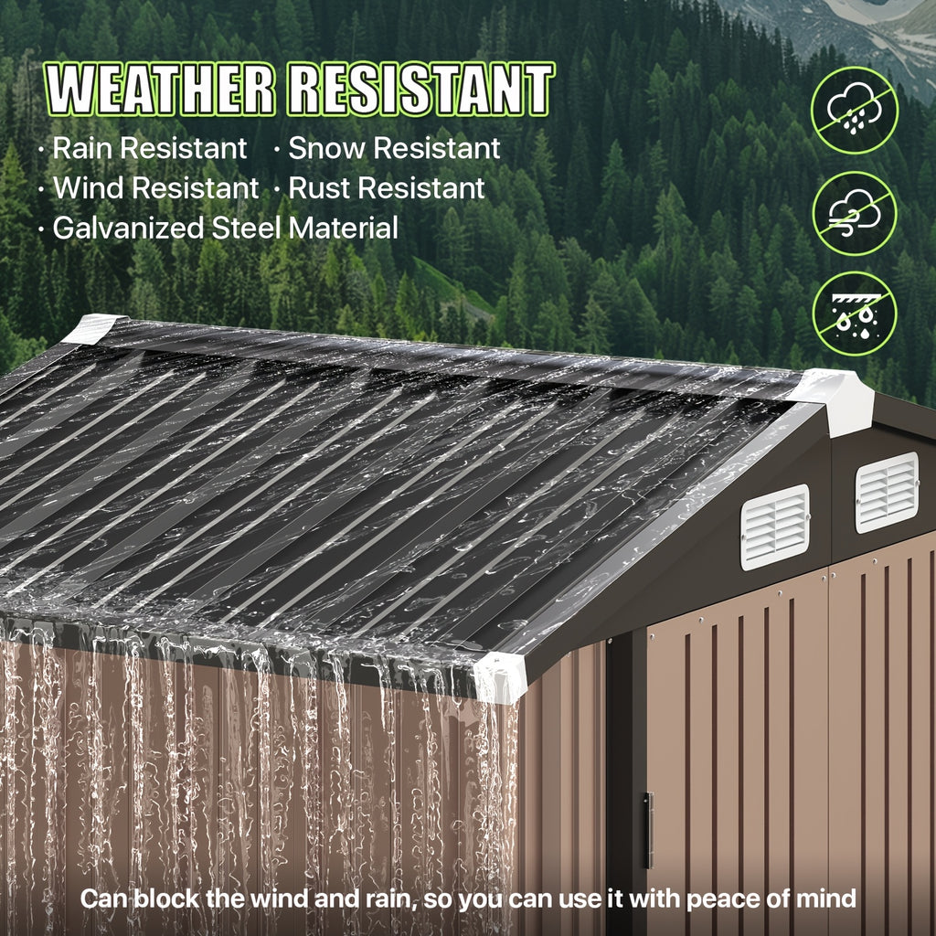 6X4/8X6/10X8/10X12Ft Gable Roof Metal Storage Shed, Heavy Duty Outdoor Garden Shed with Lockable Doors And Vents, Weather-Resistant Utility Shed for Backyard Tools, Brown/Black