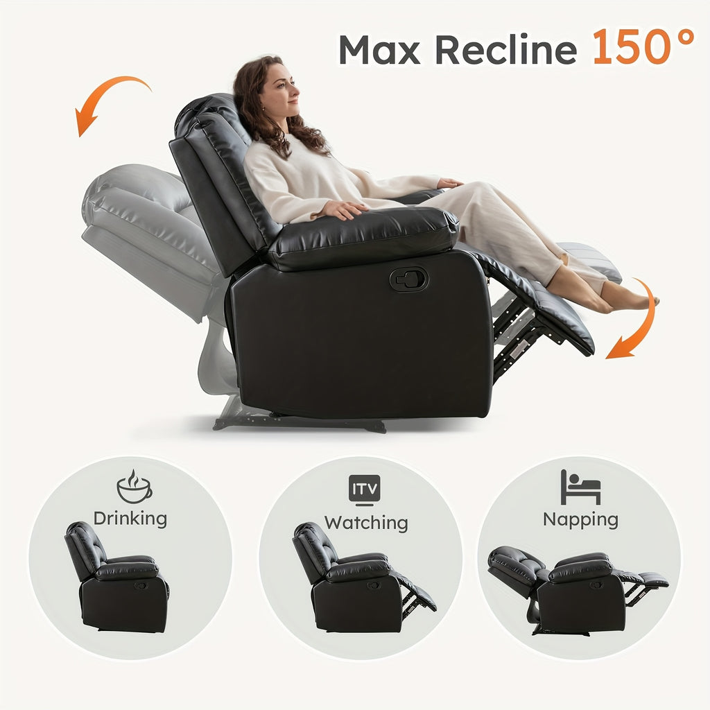 Black Recliner Chair with Overstuffed Arm and Back, Breathable Faux Leather Manual Reclining Chairs, Living Room Single Sofa Recliners