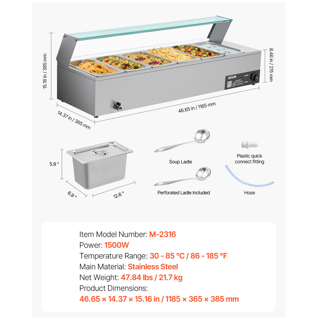 VEVOR Commercial Food Warmer, 1500W Electric Stainless Steel Steam Food Warmer with Glass Cover, 6 x 1/3 Size Pans Buffet Bain Marie with Soup & Perforated Ladles, for Catering, Restaurant & Party