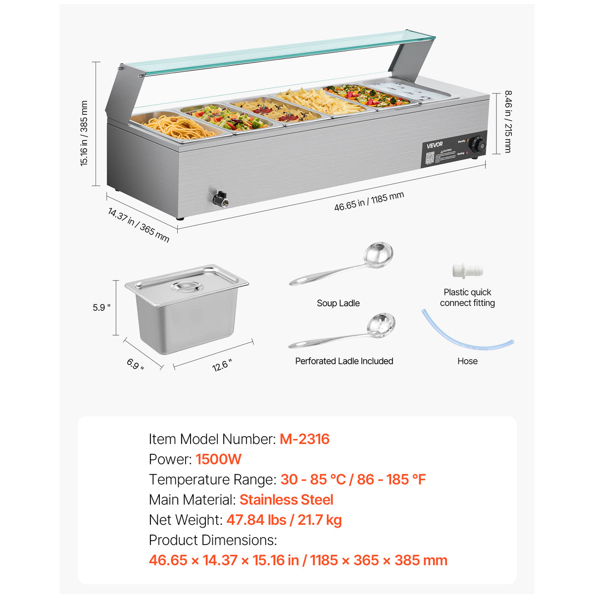 VEVOR Commercial Food Warmer, 1500W Electric Stainless Steel Steam Food Warmer with Glass Cover, 6 x 1/3 Size Pans Buffet Bain Marie with Soup & Perforated Ladles, for Catering, Restaurant & Party