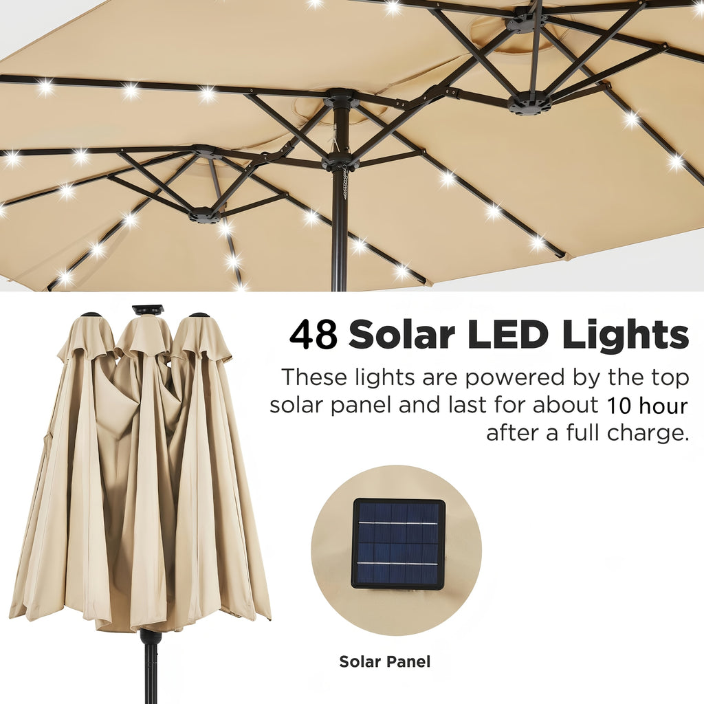 13-foot Double-sided Patio Umbrella with Solar Lights, Includes Base Stand, Large Outdoor Patio Umbrella with Crank Handle, Oversized Outdoor Market Umbrella, 12 Heavy-duty Ribs, Suitable for Outdoor, Market, Patio, Deck, Pool, Backyard, and Other