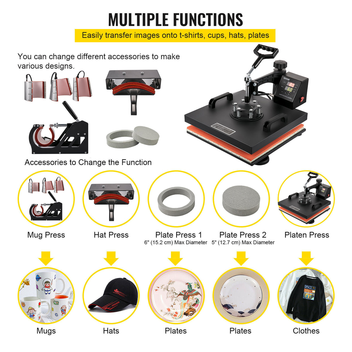 VEVOR Heat Press 15x15 Inch 8 in 1 Heat Press Machine Digital Multifunctional Sublimation Heat Transfer Machine Dual LED Display 360 Degree Rotation Swing Away for Printing T Shirts Hat Mug Cap Plate