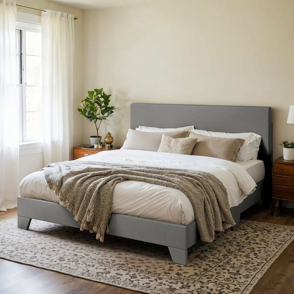 HOOMIC Upholstered Platform Bed in Full, Queen, Or King Sizes with an Adjustable Headboard, Sturdy Wooden Frame, Easy Assembly, No Box Spring Required, Available in 5 Colors: Beige, Dark Grey, Light Grey, Black, White