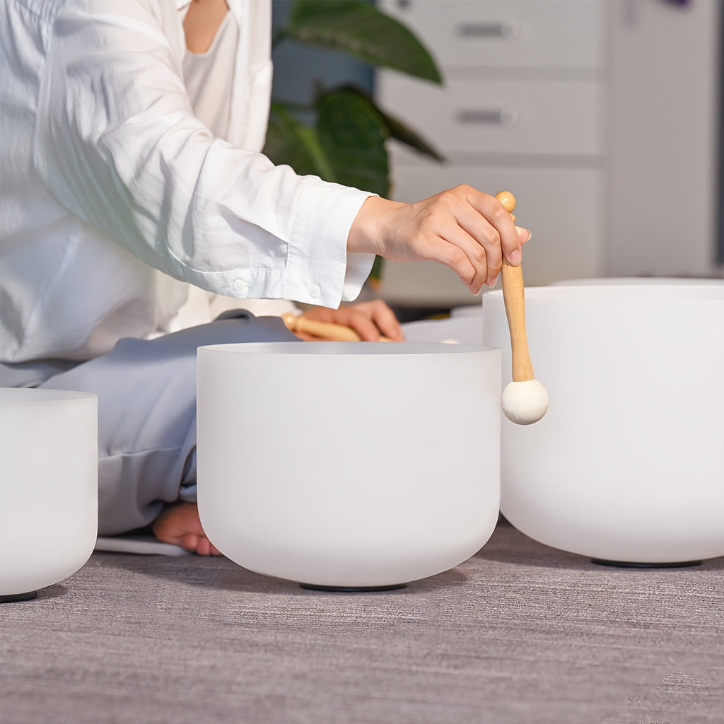 432Hz 6"-12" Set of 7 Chakra Frosted Quartz Crystal Singing Bowl Sound Bath Bags, Frosted Chakra Quartz Crystal Singing Bowls for Bath Sound Bowls Meditation Set Yoga