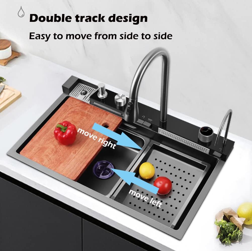 BRONCHO 33X22 INCH Two Waterfalls Nano Kitchen Sink, Stainless Steel Smart Kitchen Sinks, Multifunctional Workstation Kitchen Sink with Digital Display Pull-Out Faucet and Accessories