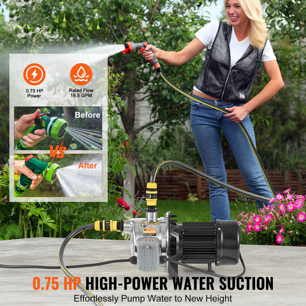 VEVOR 3/4HP SUS304 Stainless Steel Shallow Well Jet Pump, 115 Volt, 18.5 GPM 131 FT Maximum Head Irrigation Water Pump, for Agricultural Garden Irrigation System High-Rise Water Supply Shower Booster