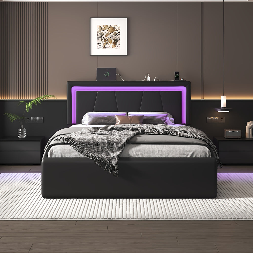 Upholstered Platform Bed Frame with 4 Storage Drawers, Twin/Full/Queen Size Bed Frame with LED Lights And Adjustable Headboard, Metal Slats Support, Charging Station, Easy Assembly, Noise Free, Black/White