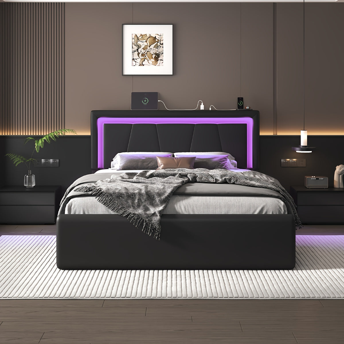 Upholstered Platform Bed Frame with 4 Storage Drawers, Twin/Full/Queen Size Bed Frame with LED Lights And Adjustable Headboard, Metal Slats Support, Charging Station, Easy Assembly, Noise Free, Black/White