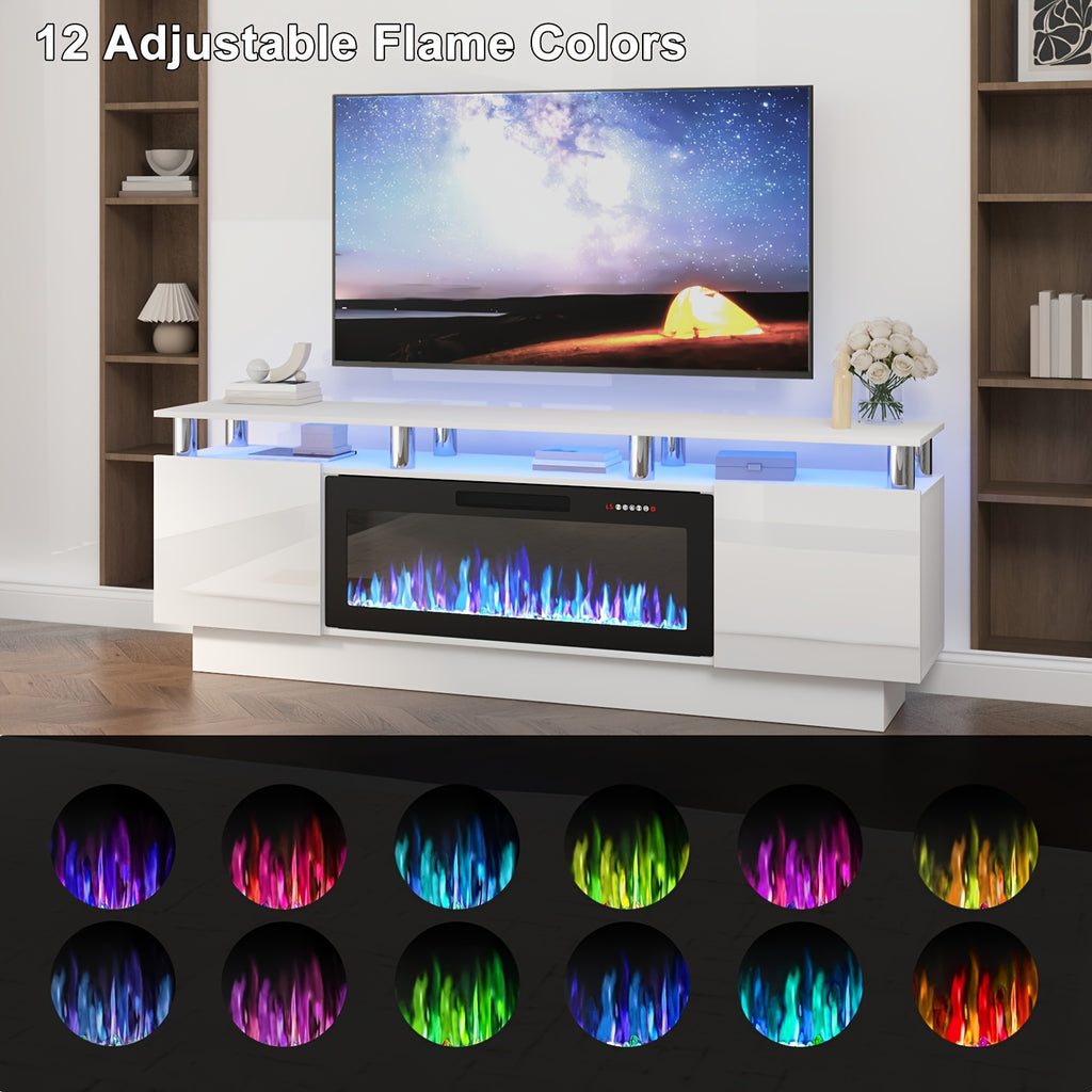 70-Inch Contemporary TV Stand Featuring a 36-Inch Electric Fireplace, Designed As an Entertainment for Televisions Up to 80 Inches, with Modern Wooden Media Storage Cabinets Suitable for The Living Room