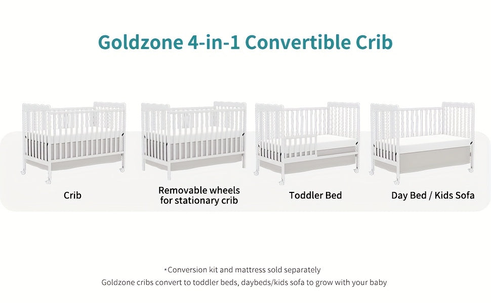 Goldzone 4in 1 Convertible Baby Crib, Wooden Baby Stuffs Converts Into Toddler Bed, Daybed, Newborn Essential with 3 Adjustable Base, Nursery Decor Necessities with Wheel & Non-Toxic Finishes, Item Weight: 36lbs, Maximum Weight Recommendation: 50lbs