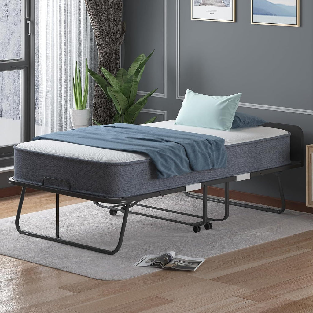38In/31In Folding Bed with Foam Mattress Rollaway Bed, Space-Saving Guest Bed with Headboard, Portable Foldable Extra Bed for Adults with Sturdy Metal Frame