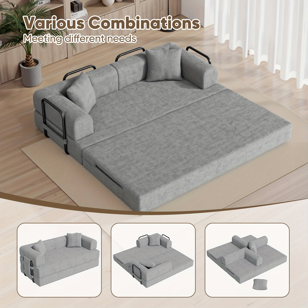 81"Convertible Floor Sleeper Sofa Bed - 3-Person Space-Saving Love Seat with Pull-Out Bed, Corduroy Boneless Compression Memory Foam, Comfy Lounge Couch for Living Room, Bedroom, Apartment, Office, No Assembly Required