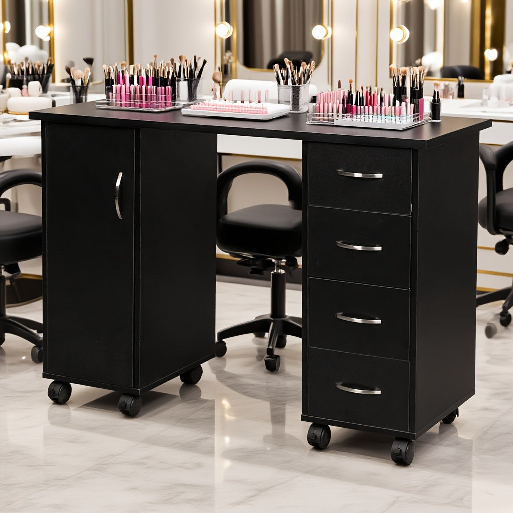 White/Black Melamine Laminate Textured Particle Board Nail Table, 47.2" X 21.3" X 31.9" 1-Door 4-Drawer Design, Ventilation-Free Manicure Station
