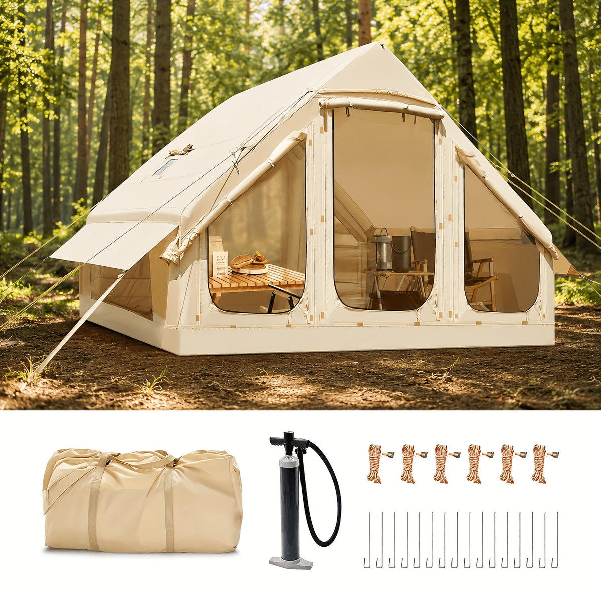 LILYPELLE Inflatable Camping Tent for 4-6 People, Easy Setup Oxford Cloth Air Tent with Stove Jack And Hand Pump, Spacious Glamping Tent House for Adults