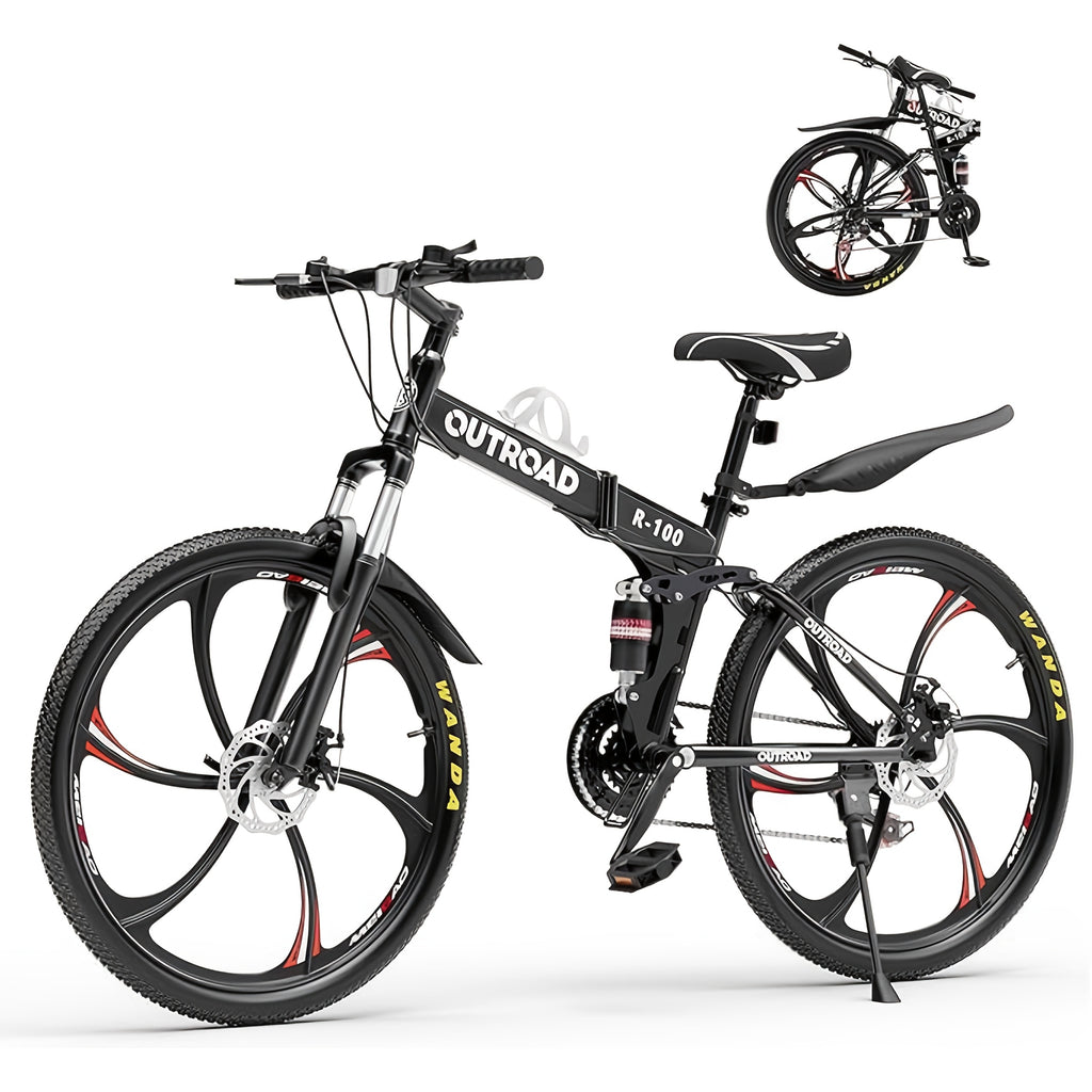 26 Inch Mountain Bike, 21 Speeds Full Suspension Folding Bikes, Dual Disc Brake, High Carbon Steel Frame And Non-Slip Quick Release Tire Bicycle for Adult