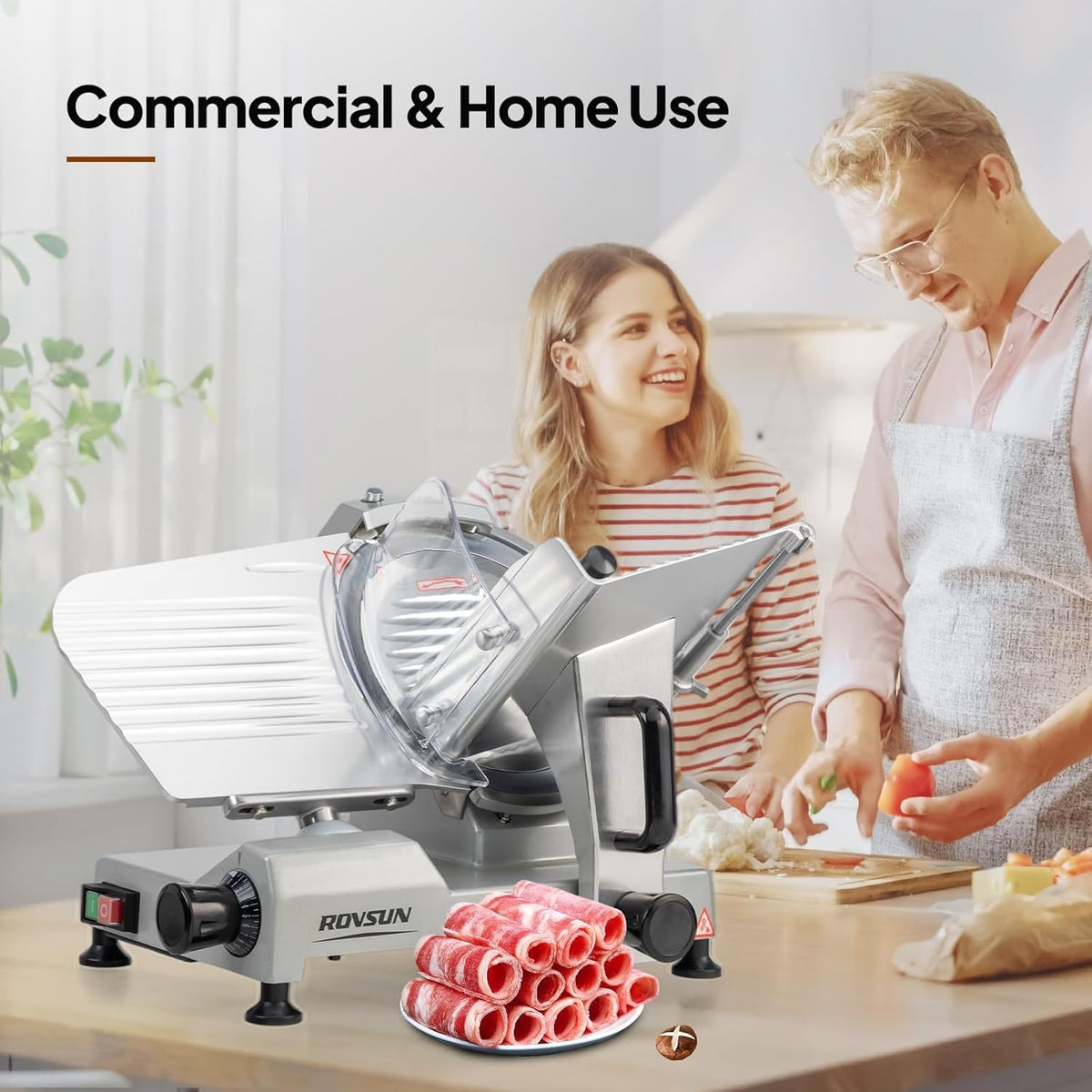 MEFEIR 8.7inch Commercial Meat Slicer, Electric Deli Food Slicer with Premium Chromium-plated Steel Blade, 0-12mm Adjustable Thickness, ETL Certified for Frozen Meat Ham Baguett Steak, Silver