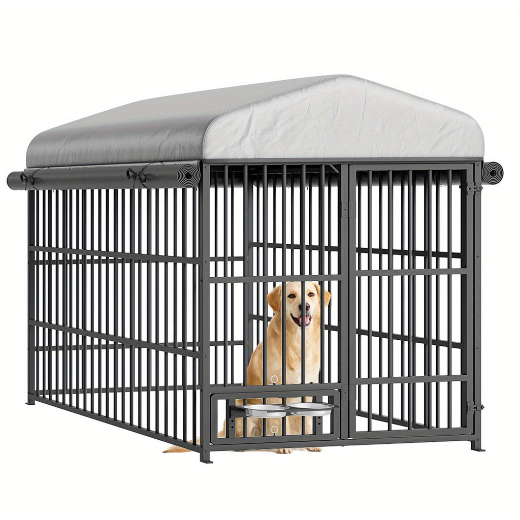 Large Outdoor Dog Kennel Measuring 70.87 Inches in Height, 78.74 Inches in Width, And 47.24 Inches in Depth, Equipped with Two Food Bowls And a Secure Lock. This Heavy-Duty Dog Crate Furniture Is Designed for Medium to Large Dogs And Features a And