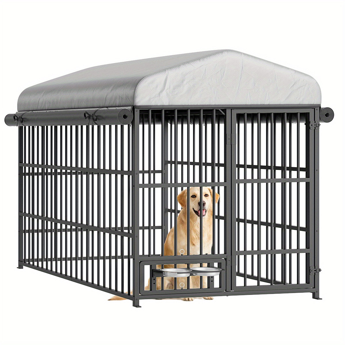 Large Outdoor Dog Kennel Measuring 70.87 Inches in Height, 78.74 Inches in Width, And 47.24 Inches in Depth, Equipped with Two Food Bowls And a Secure Lock. This Heavy-Duty Dog Crate Furniture Is Designed for Medium to Large Dogs And Features a And