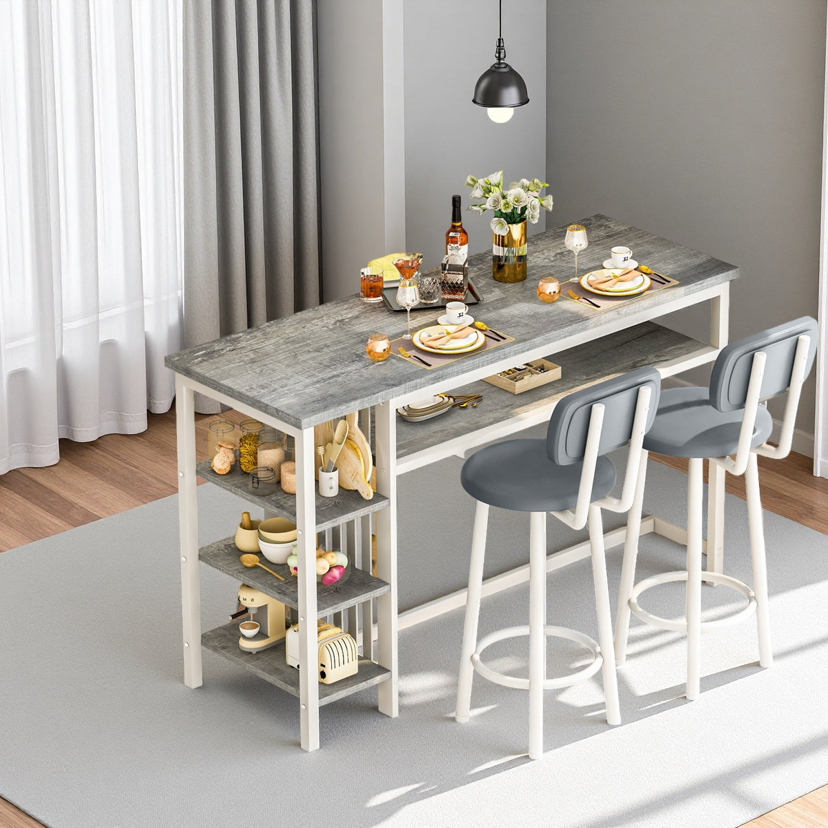 Bar Table with Stools Set Of 2, Kitchen Island with Seating Bar Table Set with Storage, Counter Height Small Dining Table And Chairs Set Of 2, Faux Marble Kitchen Table And Chairs Set with 2 PU Leather Upholstered Seat for Small Space, Dining Room