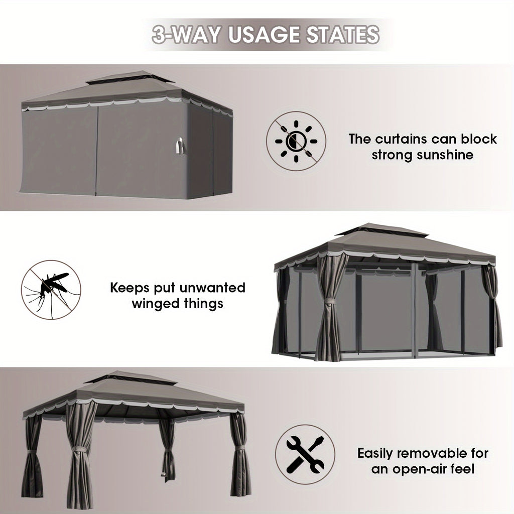 10'x13' Heavy-Duty Outdoor Patio Gazebo with Double Roof, Party Tent Suitable for Backyard, Deck, Garden - Assembly, Mosquito Netting & Curtains, Spacious Shelter for Parties, BBQs, Outdoor Events