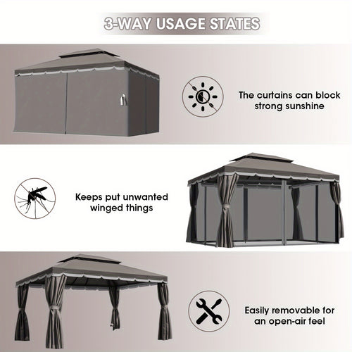 10'x13' Heavy-Duty Outdoor Patio Gazebo with Double Roof, Party Tent Suitable for Backyard, Deck, Garden - Assembly, Mosquito Netting & Curtains, Spacious Shelter for Parties, BBQs, Outdoor Events