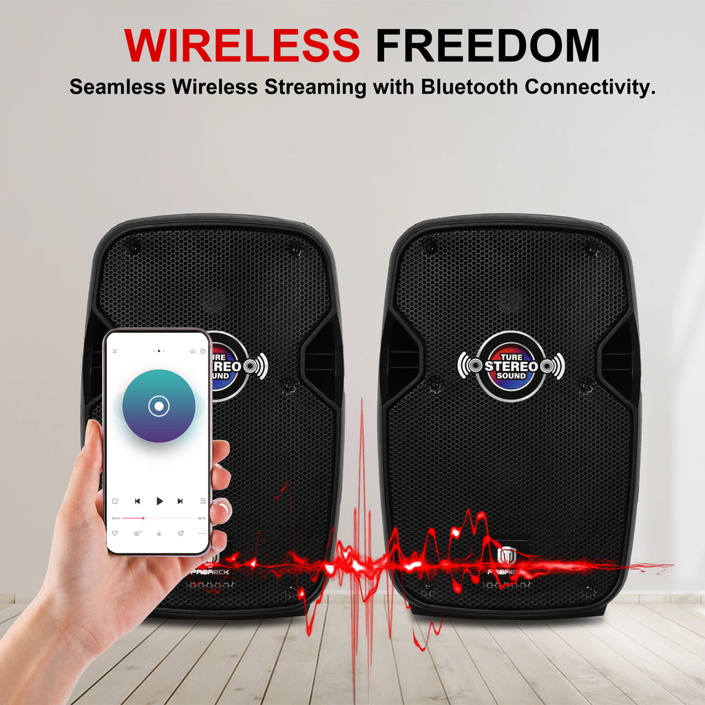 900W P.M.P.O. True Stereo Powered Wireless PA Speaker System with Active and Passive Loudspeakers, Wired Microphone, Stands, Remote, MP3/USB/SD/AUX Inputs