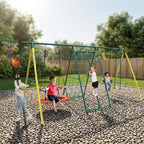 Swing Sets For Backyard With Saucer Swing, Belt Swing, Glider, Climbing Rope, Climbing Ladder, Basketball Rim, 6 In 1 Swing Set