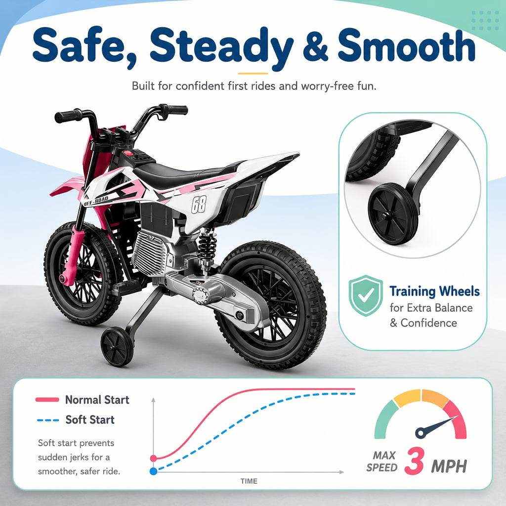 12V Kids'Ride-On Motorcycle, Upgraded Dual Motors, Training Wheels for Safety, Twist Throttle Control & Built-in Music, Perfect Gift for Kids Ages 3+