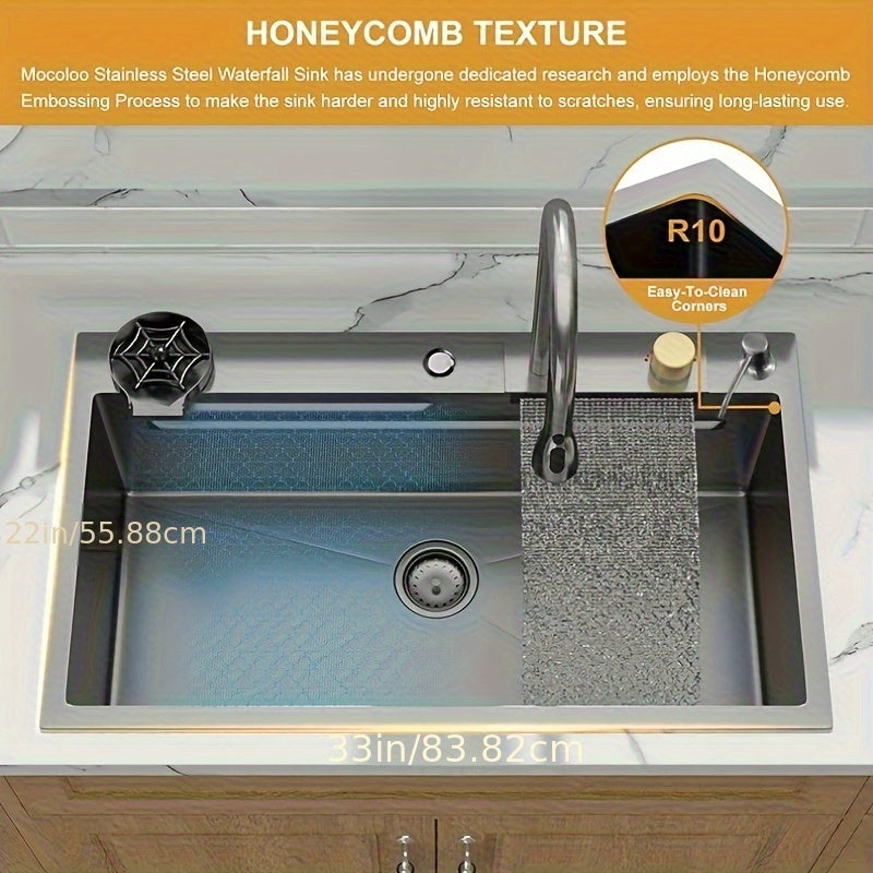 [Stainless Steel Kitchen Sink] 33 * 22 Inch Stainless Steel Kitchen Sink, Single Bowl Sink Drop In/Topmount Workstation Waterfall Sinks With Cutting Board, Cup Washer And Sink Accessories