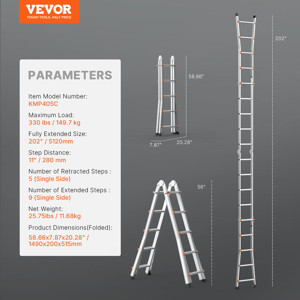 VEVOR Telescoping Ladder A Frame 9.5 FT 2880mm / 11FT 3350 mm / 13 FT 4000mm / 15.5FT 4670 mm / 17FT 5120 mm / 20FT 5990 mm/ 20.5FT 6230 mm Extension Multi-Function for Homework