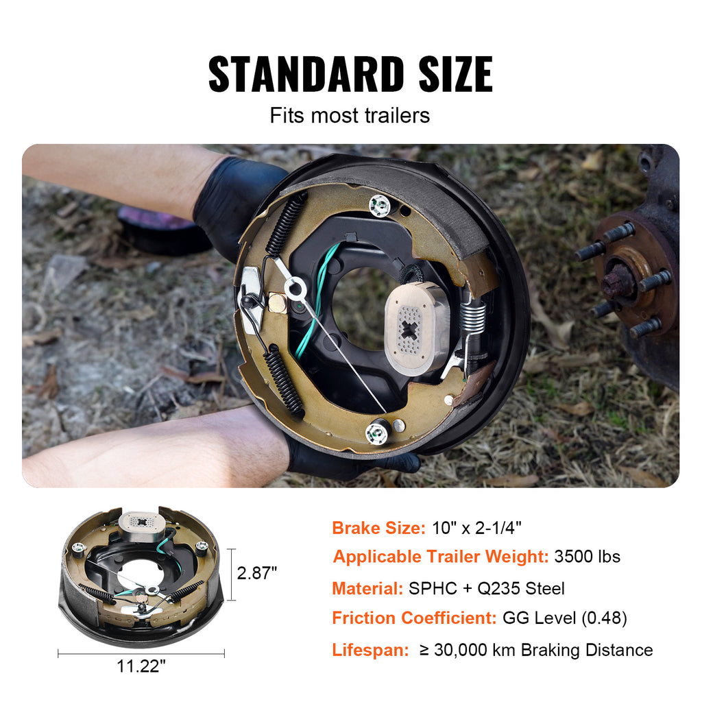 VEVOR Electric Trailer Brake Assembly, 10" x 2-1/4", 2 Pairs Self-Adjusting Electric Brakes Kit for 3500 lbs Axle, 4-Hole Mounting, Backing Plates for Brake System Part Replacement (2 Right 2 Left)