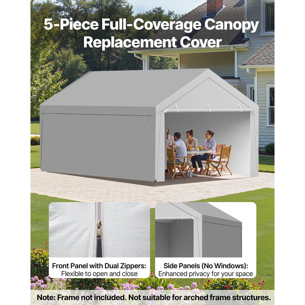 VEVOR Carport Replacement Canopy, 10 x 20 ft / 12 x 20 ft / 13 x 20 ft / 20 x 20 ft Potable Garage Tent Top Tarp with Sidewalls, UV-Resistant & Waterproof, Heavy Duty Car Shelter Tarp with Ball Buggees, Beige / Grey, Frame Not Included