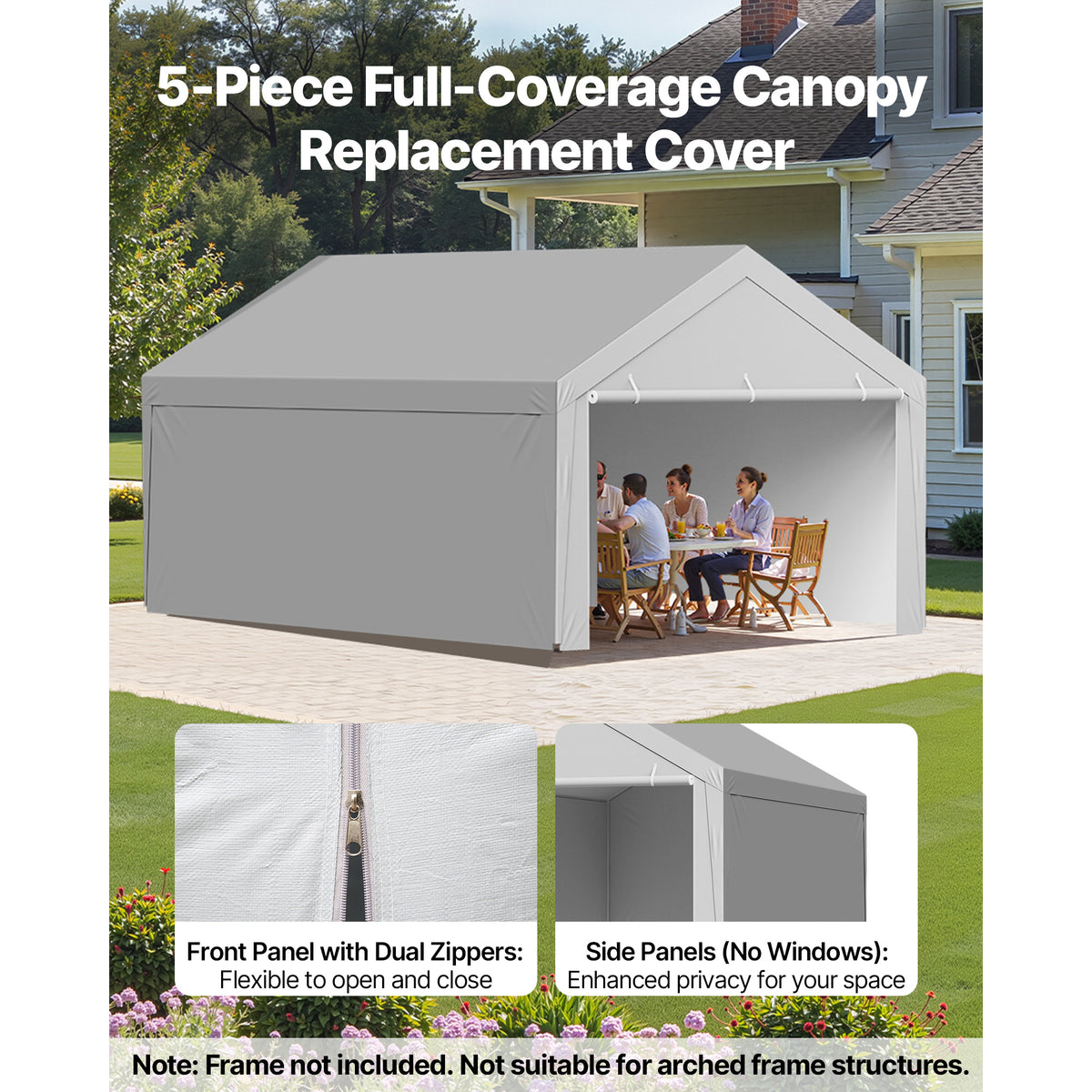 VEVOR Carport Replacement Canopy, 10 x 20 ft / 12 x 20 ft / 13 x 20 ft / 20 x 20 ft Potable Garage Tent Top Tarp with Sidewalls, UV-Resistant & Waterproof, Heavy Duty Car Shelter Tarp with Ball Buggees, Beige / Grey, Frame Not Included